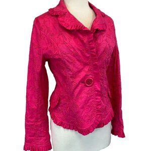 An Ren NY Pink Eyelet Blazer with Ruffle Edges - Size Large